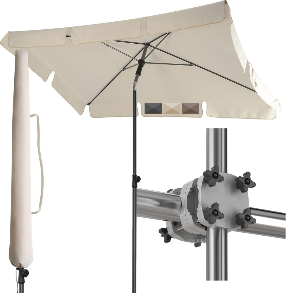 Menz Sonnenschirm Balkon - 3-IN-1 Sonnenschutz Balkon SET in Beige, UPF 50+ Sonnenschirm rechteckig 200x125 cm + stabiler Sonnenschirmhalter Balkongeländer + Sonnenschirmhülle Bild 1