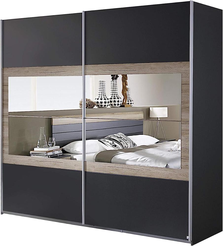 Rauch Möbel Tarragona Schrank Schwebetürenschrank, Grau Metallic / Eiche Sanremo hell, 2-türig mit Spiegel, inkl. Zubehörpaket Basic 2 Einlegeböden, 2 Kleiderstangen, BxHxT 181 x 210 x 62 cm Bild 1