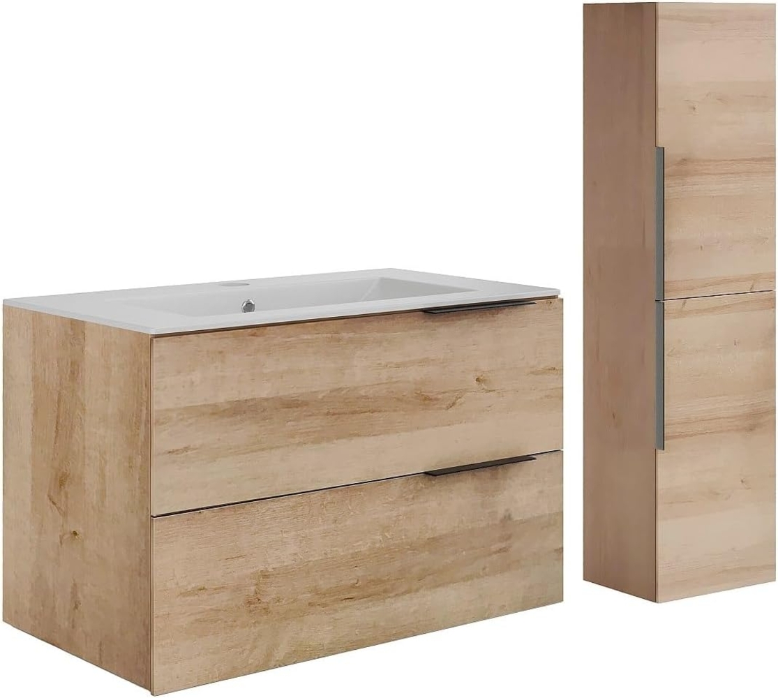 Vente-unique - Hängender Badezimmerunterschrank mit Einbauwaschbecken und Hochschrank - Heller Naturton - 80 cm - NISAYA Bild 1