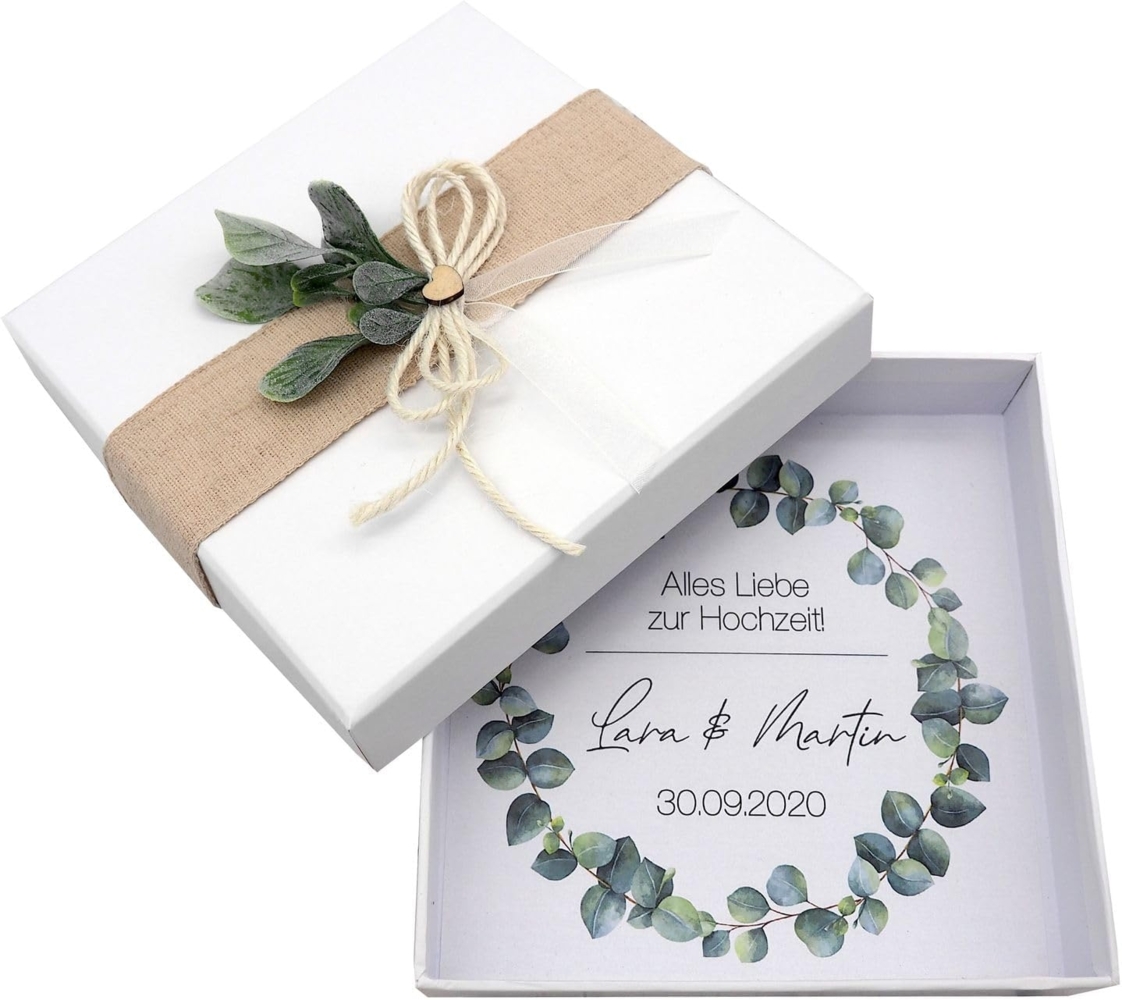 ZauberDeko Geschenkbox Geldgeschenk Verpacken MIT NAME Geschenk Hochzeit Herz Weiß Eukalyptus Bild 1