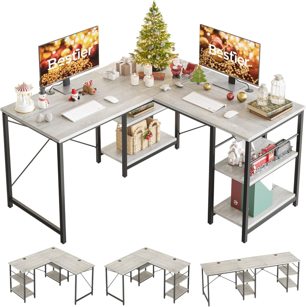 Bestier L-förmiger Schreibtisch mit Regalen Reversibel Eckschreibtisch 220CM Industrieller Langen Tisch Stabil Schreibtisch L Form Computer Workstation mit 3 Kabellöchern Bild 1