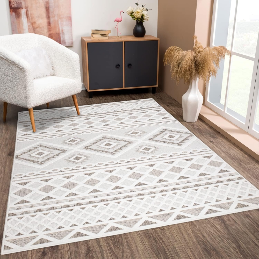 Teppich Wohnzimmer - Creme Braun 240x340cm - Raute Ornamente - Boho Teppiche für Balkon Terrasse Garten - Hochtief 3D Effekt - Indoor Outdoor Schlafzimmer Esszimmer Bild 1