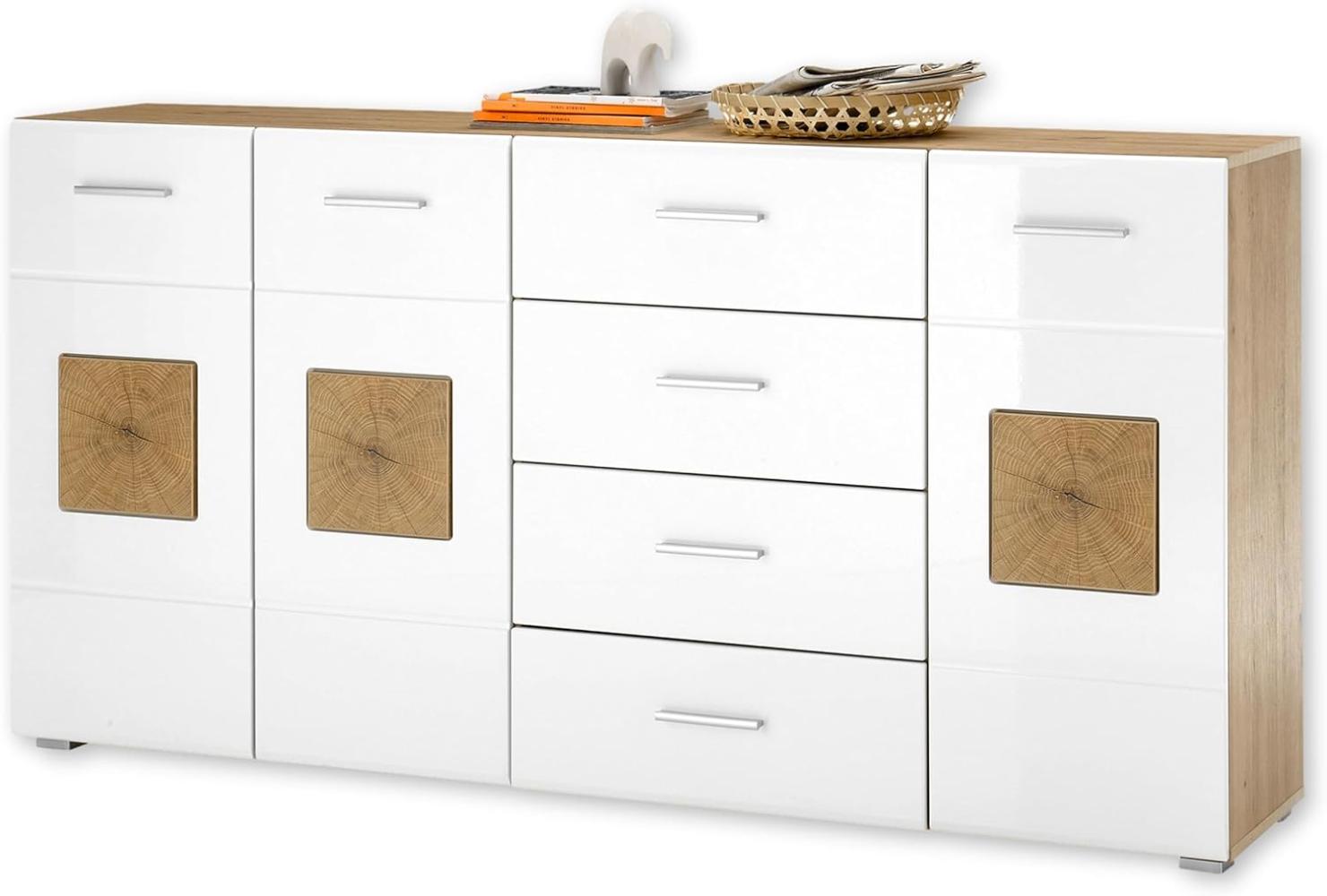 GEORGIA Sideboard in Weiß, Artisan Eiche Optik mit Hirnholz-Applikationen - Moderne Kommode mit Schubladen und viel Stauraum - 180 x 92 x 38 cm (B/H/T) Bild 1