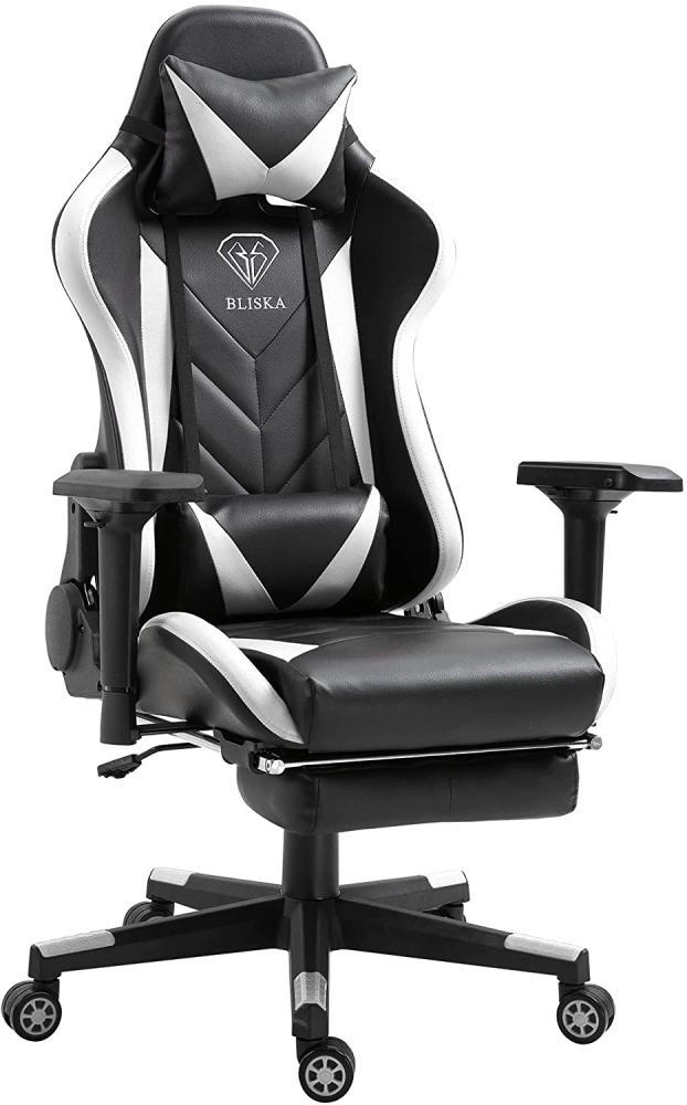 Gaming Stuhl mit Fußstütze und ergonomsichen 4D-Armlehnen gaming chair in ergonomischer Sportsitz Optik Gamer Stuhl mit verstellbaren Rückenstützkissen Bürostuhl Schwarz/Weiß Bild 1