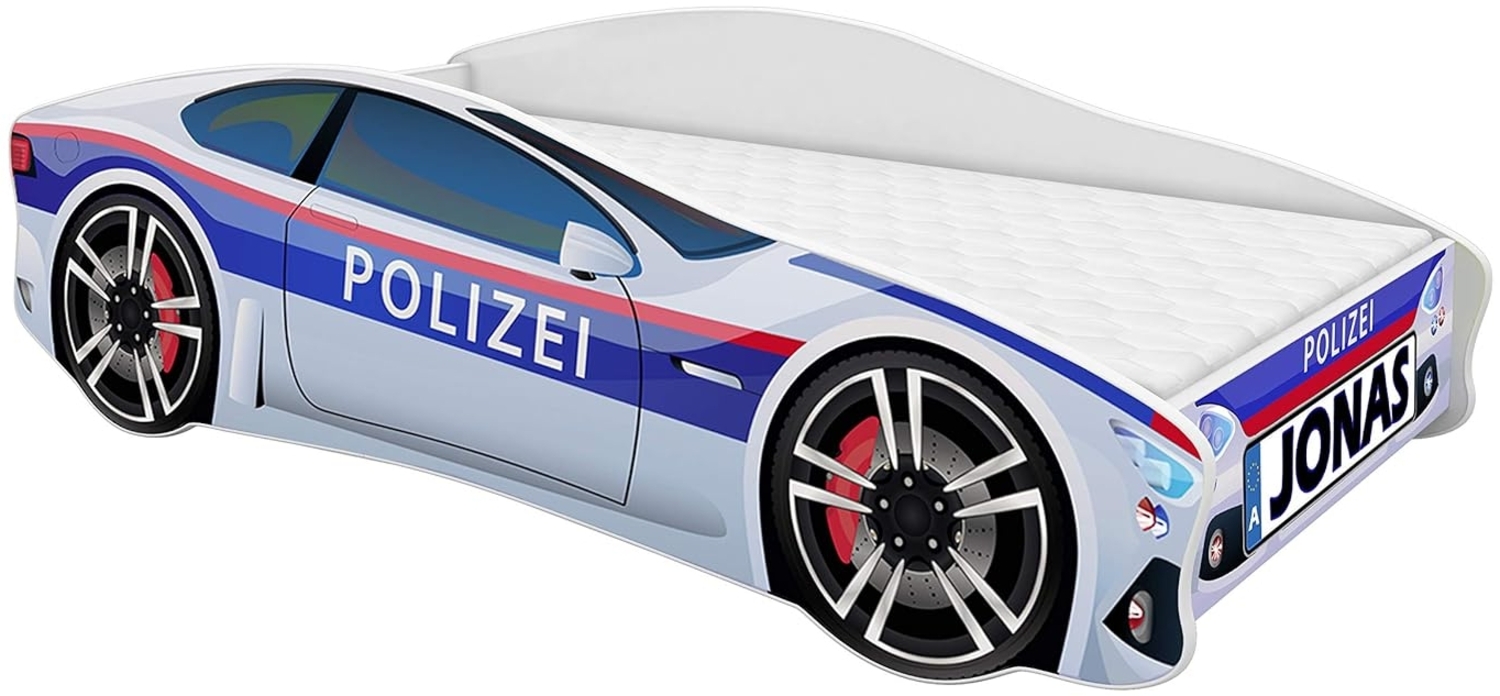 ACMA Kinderbett Auto-Bett Polizei mit Rausfallschutz, Lattenrost und Matratze (Polizei 3, 160x80 cm + Name) Bild 1