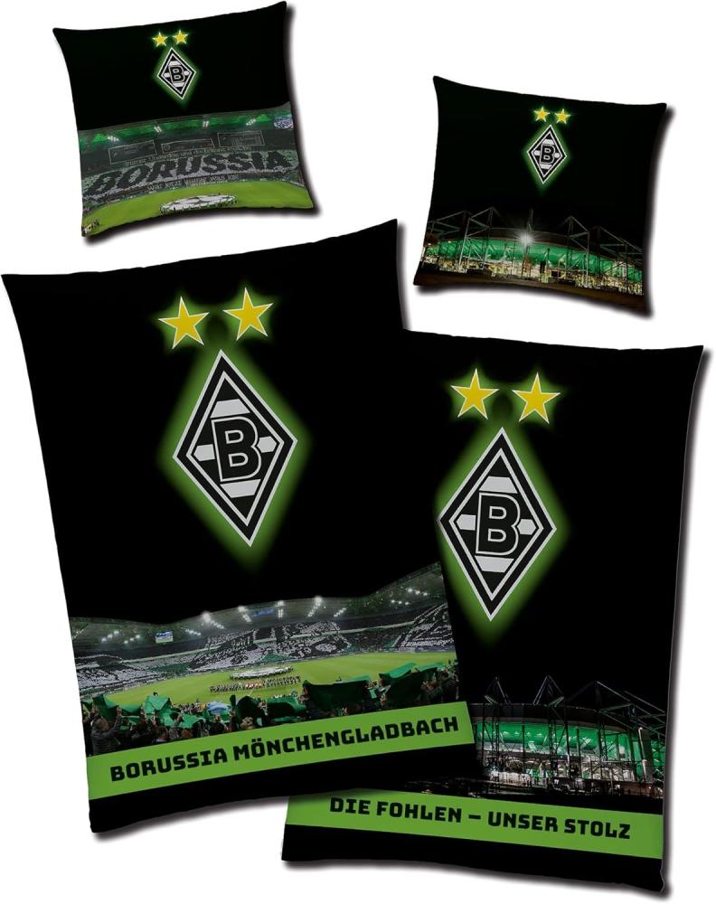 BERONAGE Wendebettwäsche Borussia Mönchengladbach Borussia-Park Bettwäsche Biber / Flanell, 100% Baumwolle, 2 teilig, 135x200 + 80x80 cm Bild 1