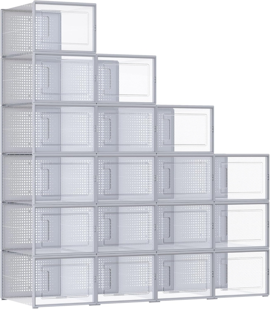 SONGMICS Schuhboxen, 18er Set, Schuh-Organizer aus Kunststoff, faltbar und stapelbar, für Schuhe bis Größe 46, transparent-grau LSP007G18 Bild 1