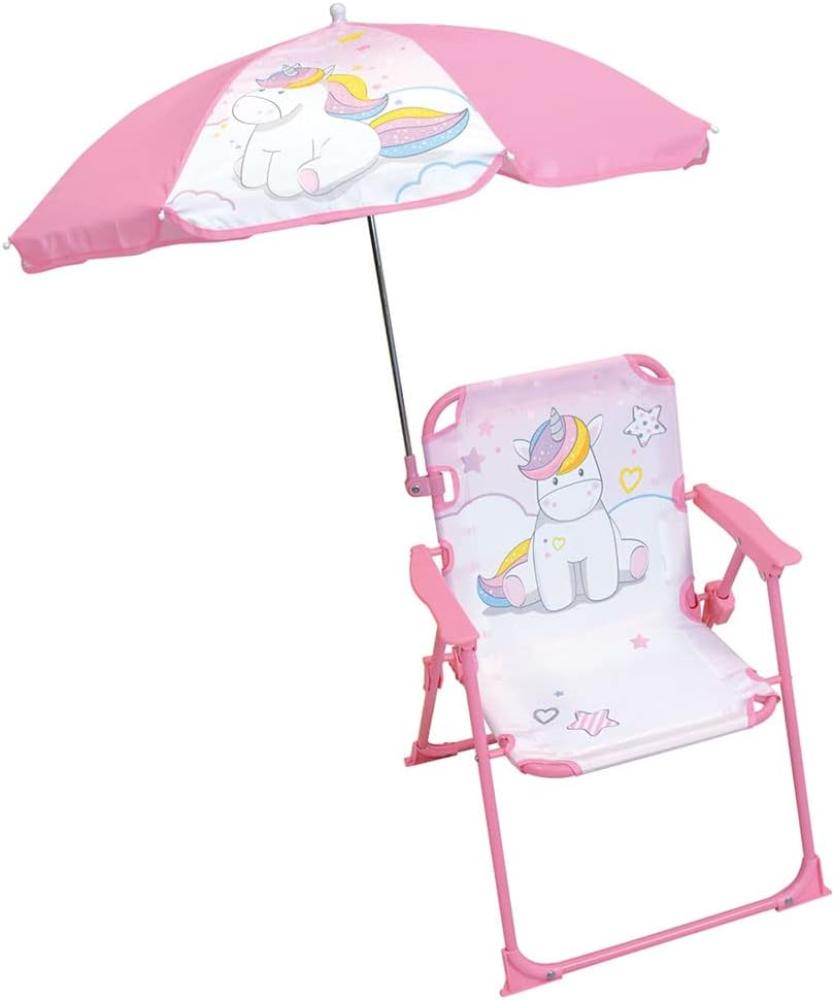 FUN HOUSE Einhorn Klappstuhl Campingstuhl, Maße: H L 38,5 x T 37,5 cm + Sonnenschirm Ø 65 cm für Kinder, Legierter Stahl, Rosa Bild 1