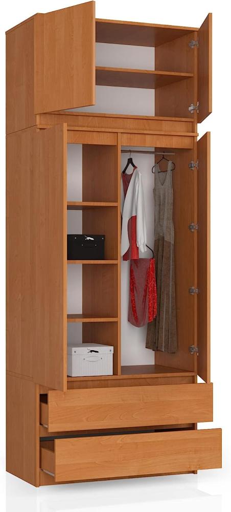 BDW Kleiderschrank 4 Türen, 4 Einlegeböden, Kleiderbügel, 2 Schubladen Kleiderschrank für das Schlafzimmer Wohnzimmer Diele 234 x 90 x 51 cm (Erle) Bild 1