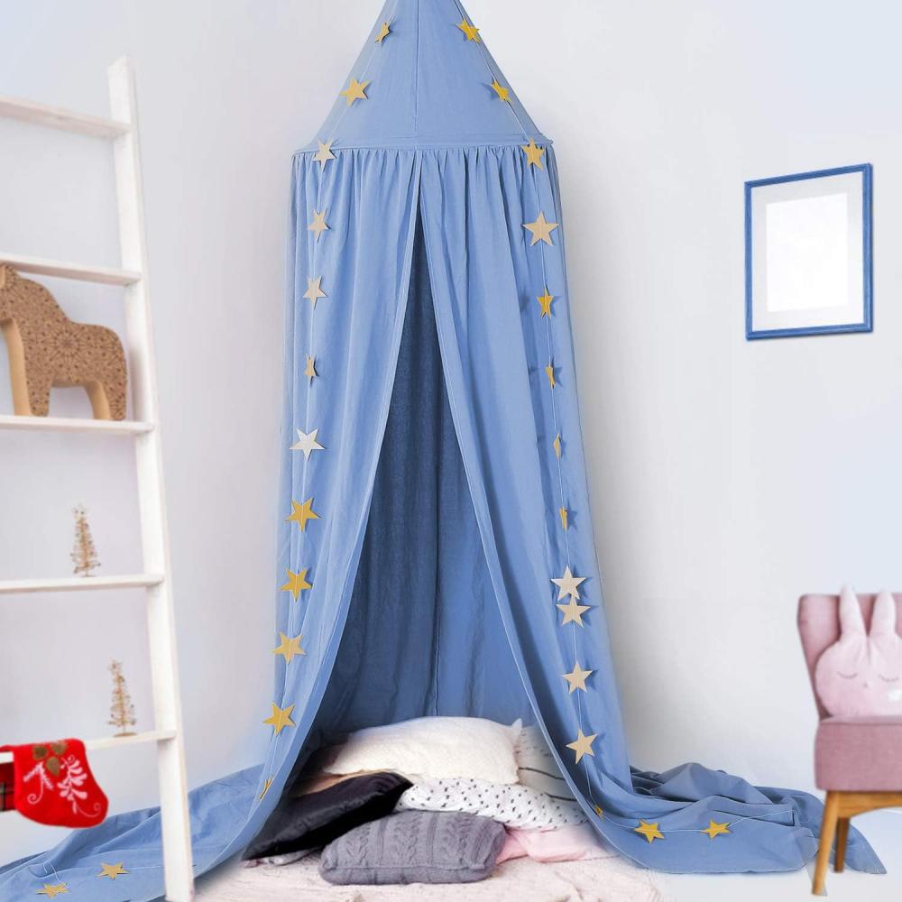 Baby Baldachin, Betthimmel Kinder, Ceekii Babys Bett Kinderzimmer Bettvorhang Baumwolle Deko Moskitonetz für Prinzessin Spielzelte Babybett & Schlafzimmer Dekoration mit Sternengirlande (Blau) Bild 1