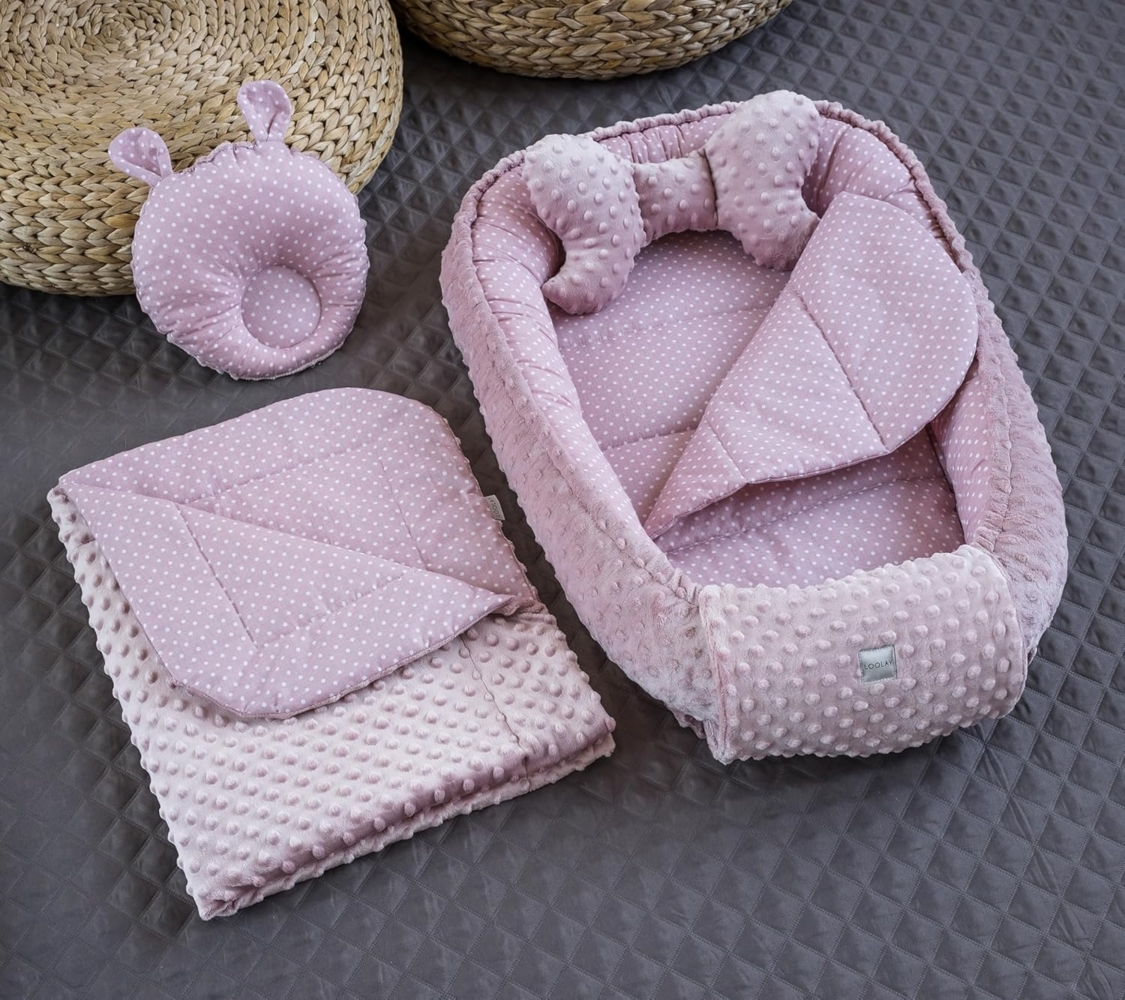 Loolay Bettnestchen Punkte ROSA/ MINKY Altrosa Polar Fleece Babynest Babyausstattung, (Nestchen SOLO/ o. in PREMIUM Geschenk SETS für Mädchen, 5-tlg, Neugeborene Nestchen, Babynestchen, Reisebett Unterlage), LOOLAY® - 100% Europäische Stoffe und Kleins... Bild 1