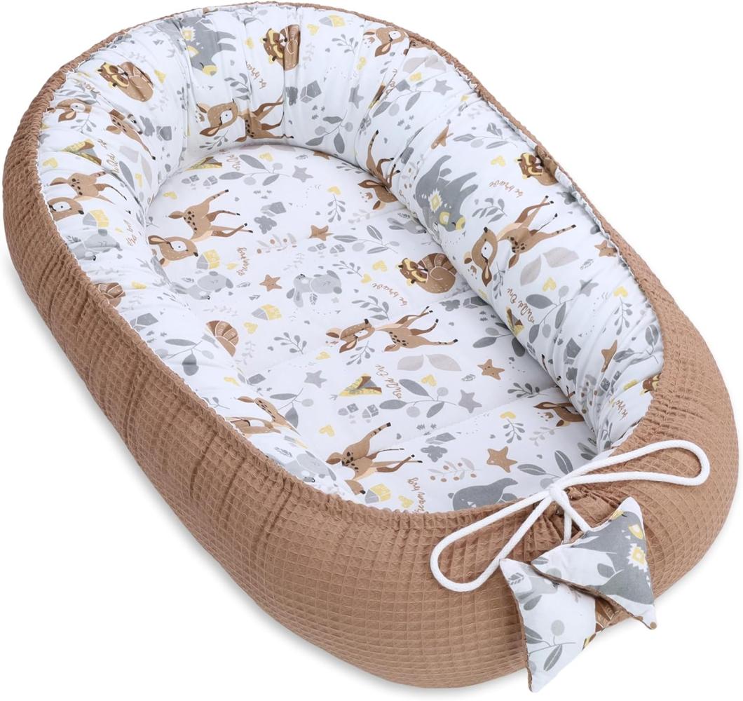 Babynest Neugeborene Nestchen Baby 90x50 cm - Kokon Handmade zweiseitig aus Baumwolle Waffel mit Babynestchen Hirsch Braun Bild 1