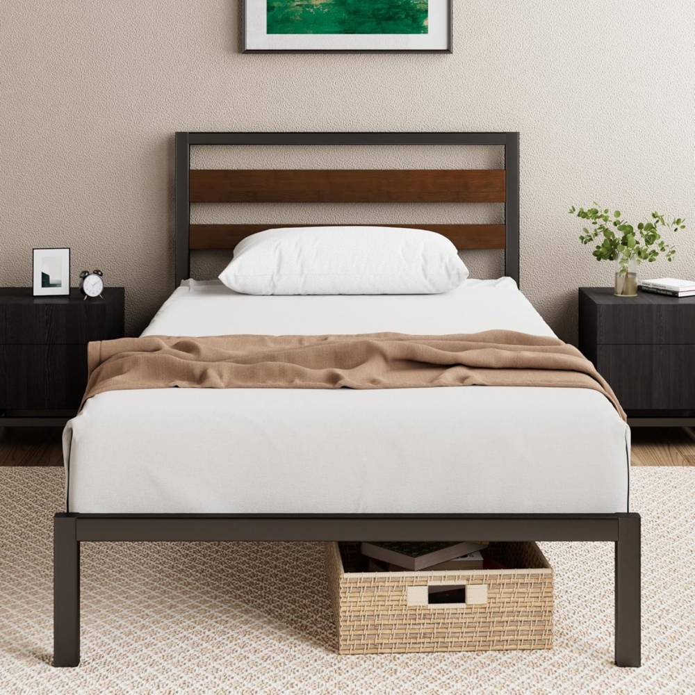Zinus Kai Bett 90x200 cm – 80 cm hoch – Nachhaltiger Bettrahmen aus Bambus und Metall mit Kopfteil – Metallbett mit Lattenrost – Unterbett Freiraum – Einfache Montage – Schwarz und Braun Bild 1