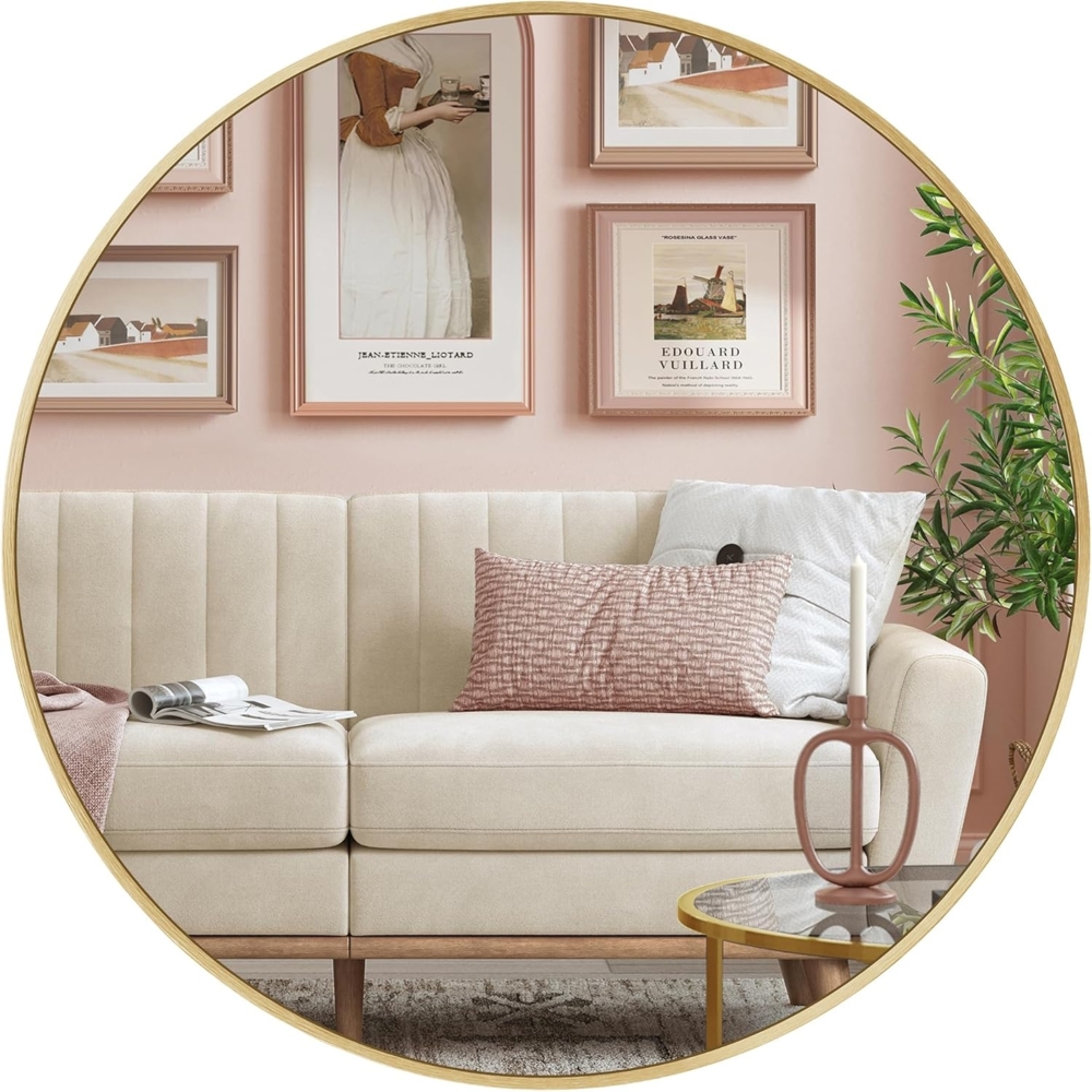 SONGMICS 61 cm d Spiegel rund, runder Spiegel, Wandspiegel, Metallrahmen, einfache Montage, modern, für Bad, Wohnzimmer, Schlafzimmer, Flur, Eingangsbereich, metallisches Gold LWM102AB03 Bild 1