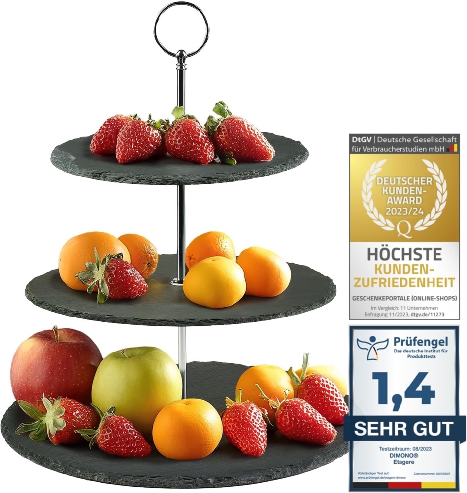 Dimono Etagere Deluxe Servier-Ständer, Schiefer Naturstein, (3-Etagen Servierschalen, Obst- & Gemüseschale), Servierschalen für Desserts, Obst, Gemüse, Süßes uvm. Bild 1