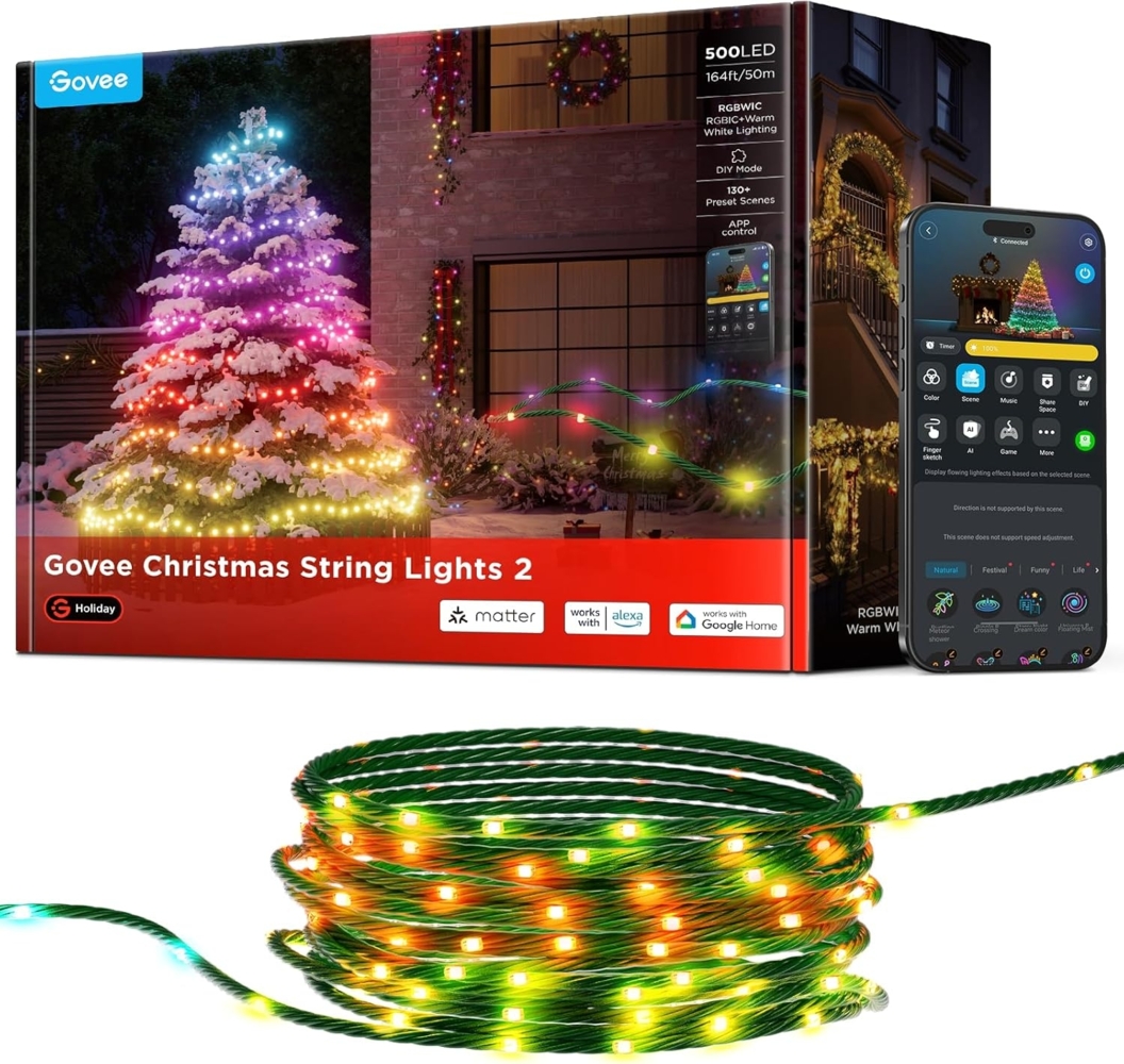 Govee RGBICW Weihnachtsbeleuchtung 500 LEDs Christmas Lights, 50M Smarte Lichterkette Innen für Weihnachtsbaum, APP-Steuerung,130+ Szenen-Modi, IP65, Kompatibel mit Alexa, Grünes Kabel Bild 1