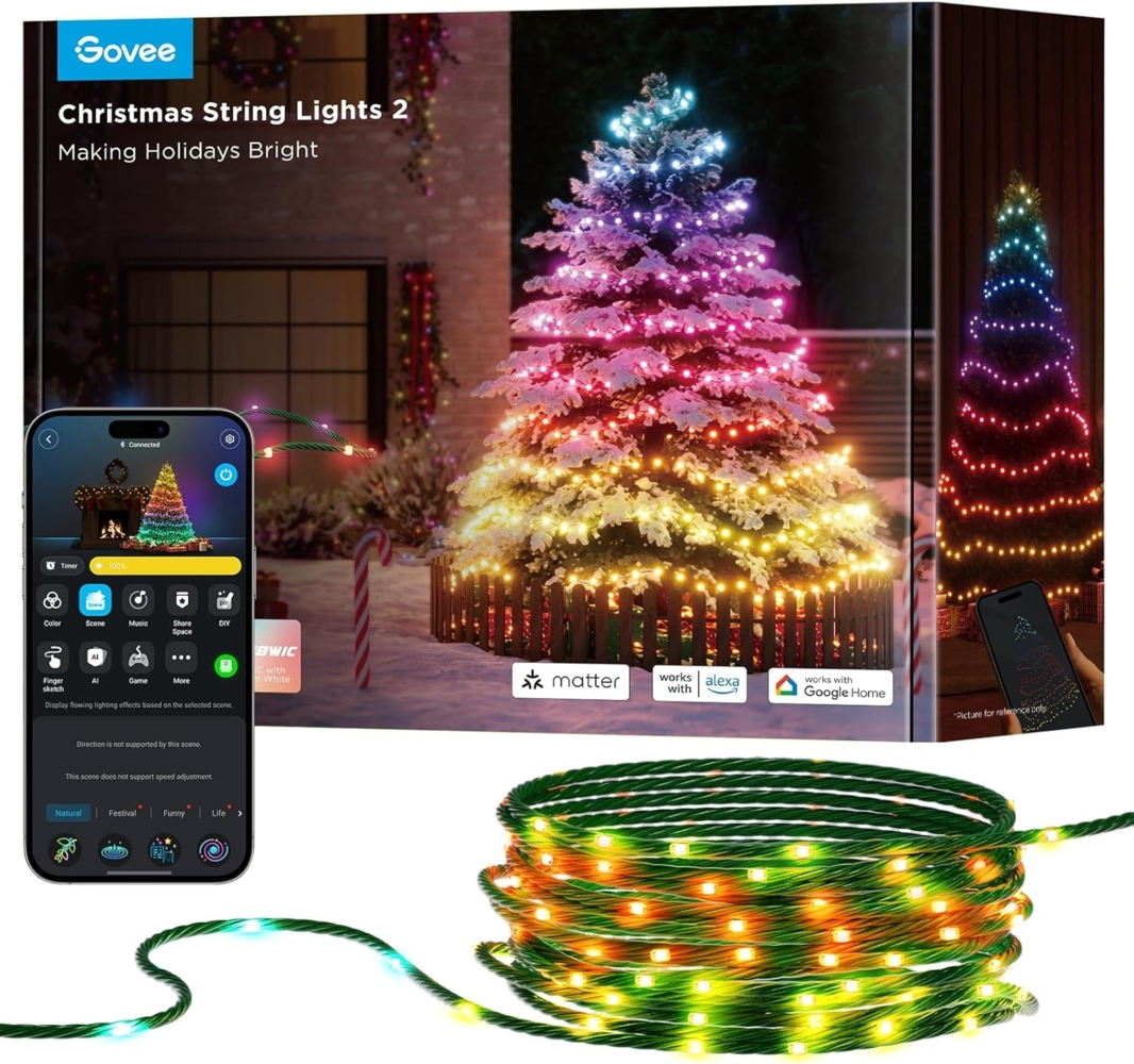 Govee RGBICW Weihnachtsbeleuchtung 500 LEDs Christmas Lights, 50M Smarte Lichterkette Innen für Weihnachtsbaum, APP-Steuerung,130+ Szenen-Modi, IP65, Kompatibel mit Alexa, Grünes Kabel Bild 1