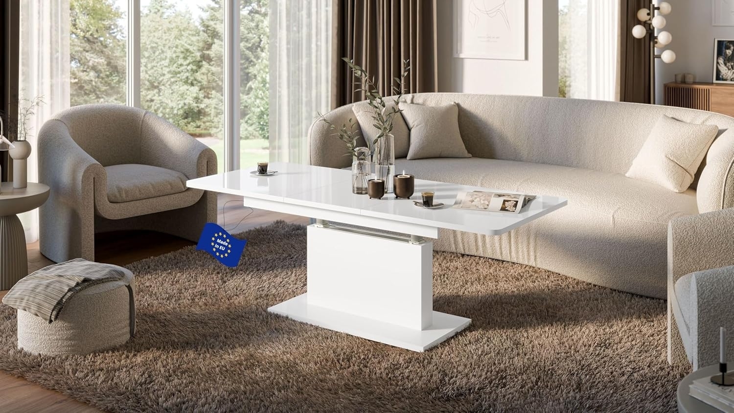 designimpex Couchtisch DC-1 Weiß Hochglanz stufenlos höhenverstellbar ausziehbar Esstisch, Funktionstisch, Wohnzimmertisch, Tisch, Esstisch, Sofatisch Bild 1