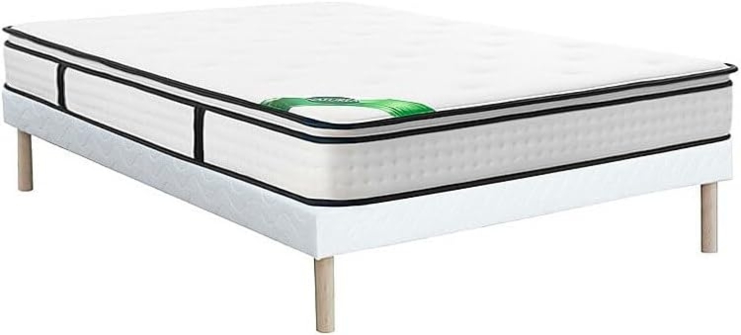 Vente-unique - Bett-Set 140x190 cm, Polsterbett + 7-Zonen-Taschenfederkernmatratze mit integriertem Topper und Bambusbezug, Höhe 26 cm - MIREZA von NATUREA Bild 1