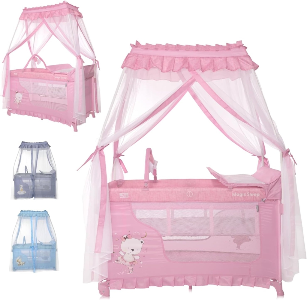 Lorelli Reisebett Magic Sleep 2 Ebenen Baldachin Mobile Wickelauflage faltbar pink Bild 1