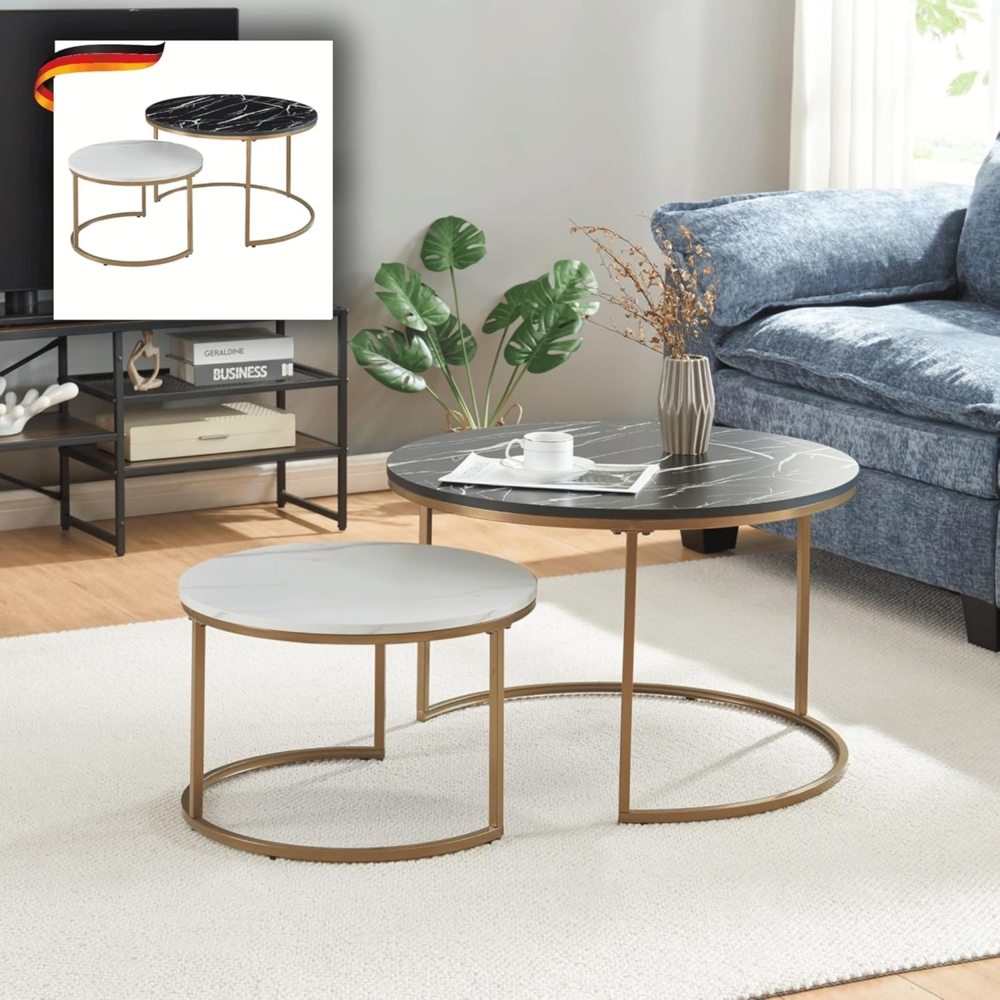 DELUKE® Couchtisch rund 2er Set RIO - Zusammenschiebbar Sofatisch rund Stubentisch Wohnzimmertisch Kaffeetisch Beistelltisch Tisch für Couch Schwarz-Weiß Bild 1