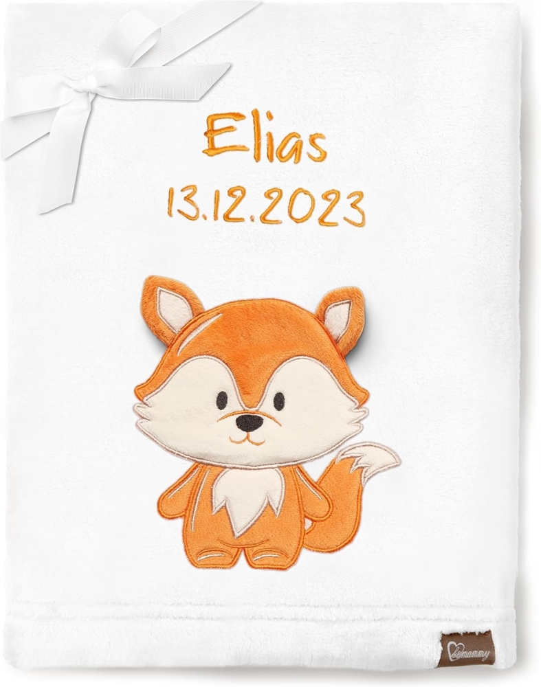 Be Mammy Personalisierte Babydecke mit 3D Applikation Warme Kuscheldecke mit Namen und Geburtsdatum; Perfektes Baby Geschenk; Blanket; Krabbeldecke BE20-280 (Weiß - Fuchs) Bild 1