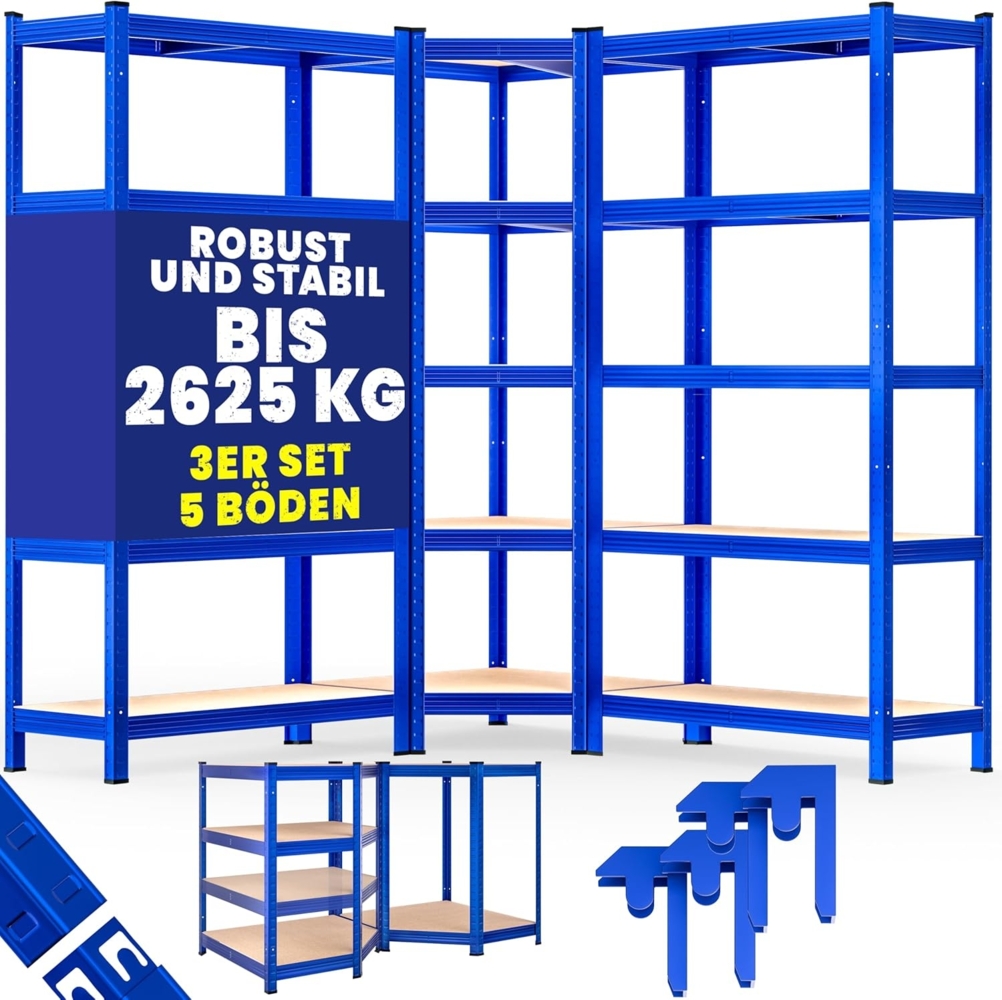 Monzana® 3er Set Schwerlastregal Eckregal 2625 kg 15 MDF-Platten Regal Lagerregal Kellerregal Steckregal Werkstattregal Regalsystem Blau Bild 1