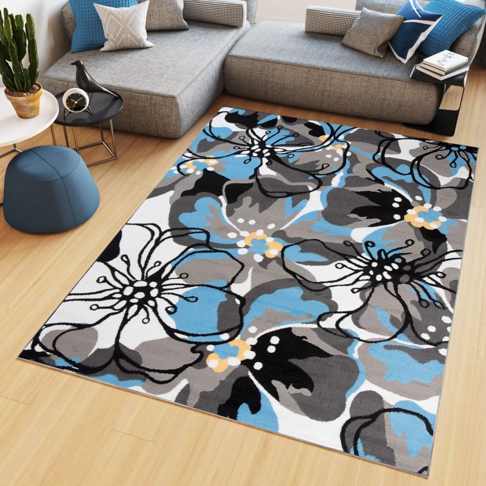 TAPISO Maya Teppich Wohnzimmer Kurzflor Modern Floral Blumen Design Schwarz Grau Blau Weiß Schlafzimmer Kinderzimmer ÖKOTEX 130x190 cm Bild 1