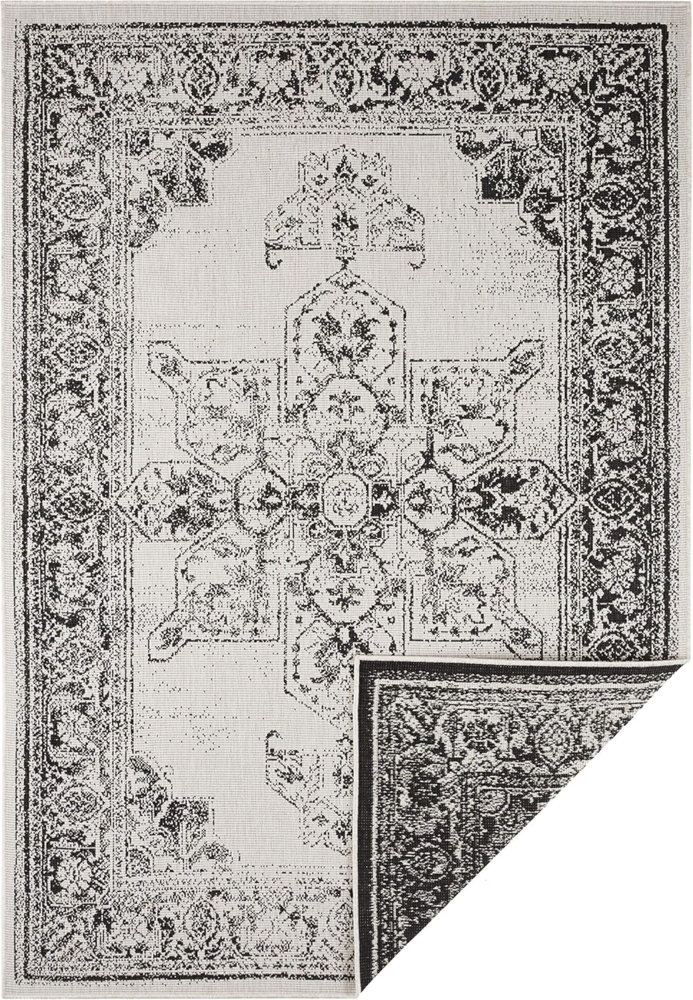 NORTHRUGS In- und Outdoor Teppich Borbon 120x170 cm - Wendeteppich Wetterfest Orientalisches Vintage Design Läufer für Balkon Terrasse Garten Wintergarten Wohnzimmerteppich Wasserfest in Schwarz Creme Bild 1