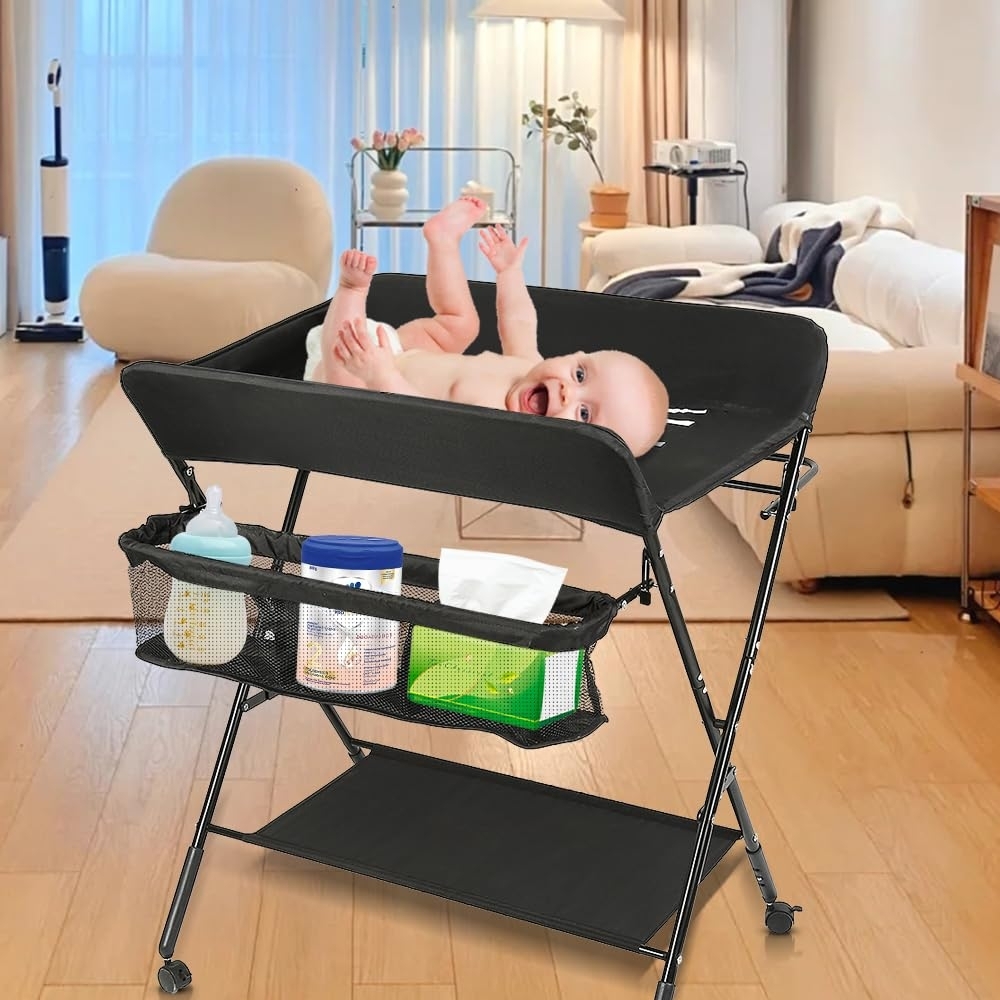 Baby Wickeltisch Klappbarer Wickelkommode mit 3 Fächer - mobiler Wickeltisch mit Wickelauflage, Sicherheitsgurt und Ablagefächern, platzsparend & stabil (80 * 66 * 98cm (schwarz)) Bild 1