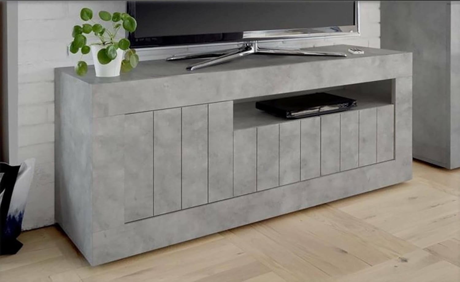 Dmora - Fernsehschrank Braies, Ständer für Wohnzimmerfernseher, Niedriges Wohnzimmer-Sideboard, TV-Ständerbasis, Made in Italy, 138x42 h56 cm, Zement Bild 1