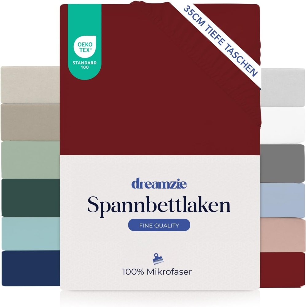 Dreamzie Spannbettlaken 80x190/200cm - 35 cm Tiefe Tasche - 100% Mikrofaser Bettlaken - Burgunderrot, Schadstoffgeprüft(Oeko TEX), Bettlaken mit Gummizug Bild 1