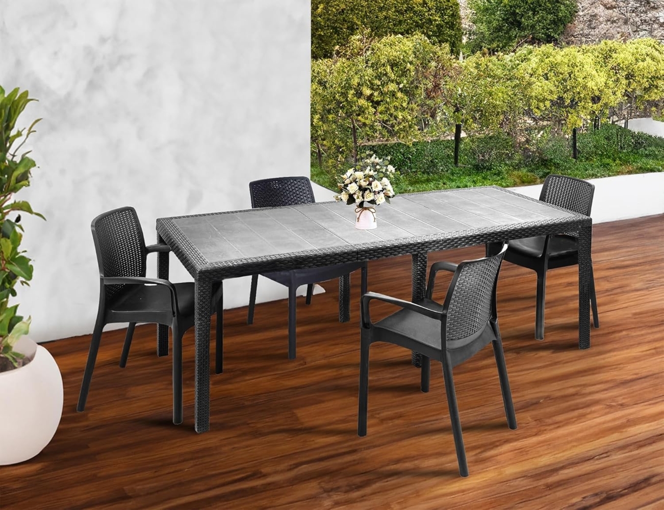 Dmora - Loungeset für draußen Manarola, ausziehbares Outdoor-Tisch mit 4 Stühlen, Gartentisch und Sitzgelegenheiten in Rattan-Optik, 100% Made in Italy, Anthrazit Bild 1