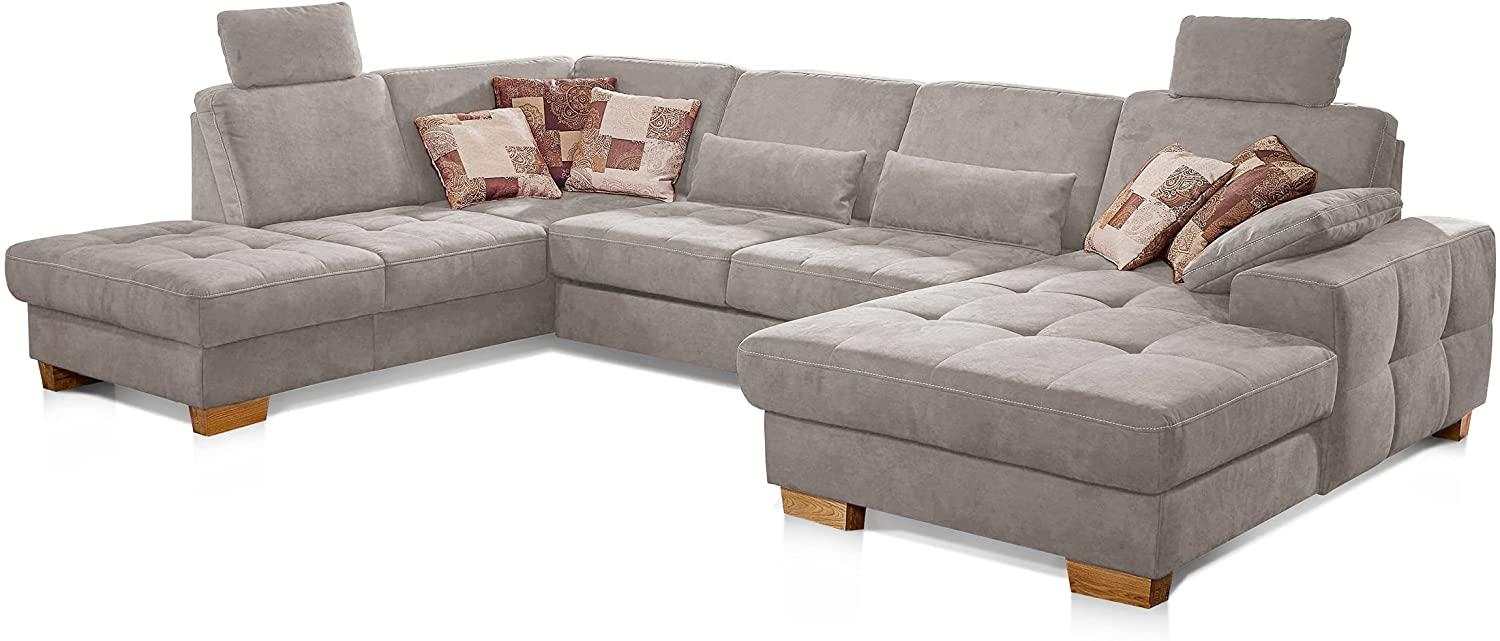 CAVADORE Wohnlandschaft Puccino mit Federkern, Sitztiefenverstellung und 2 Kopfstützen / Sofa in U-Form im Landhausstil / 340 x 86 x 224 cm / Mikrofaser Hellgrau Bild 1