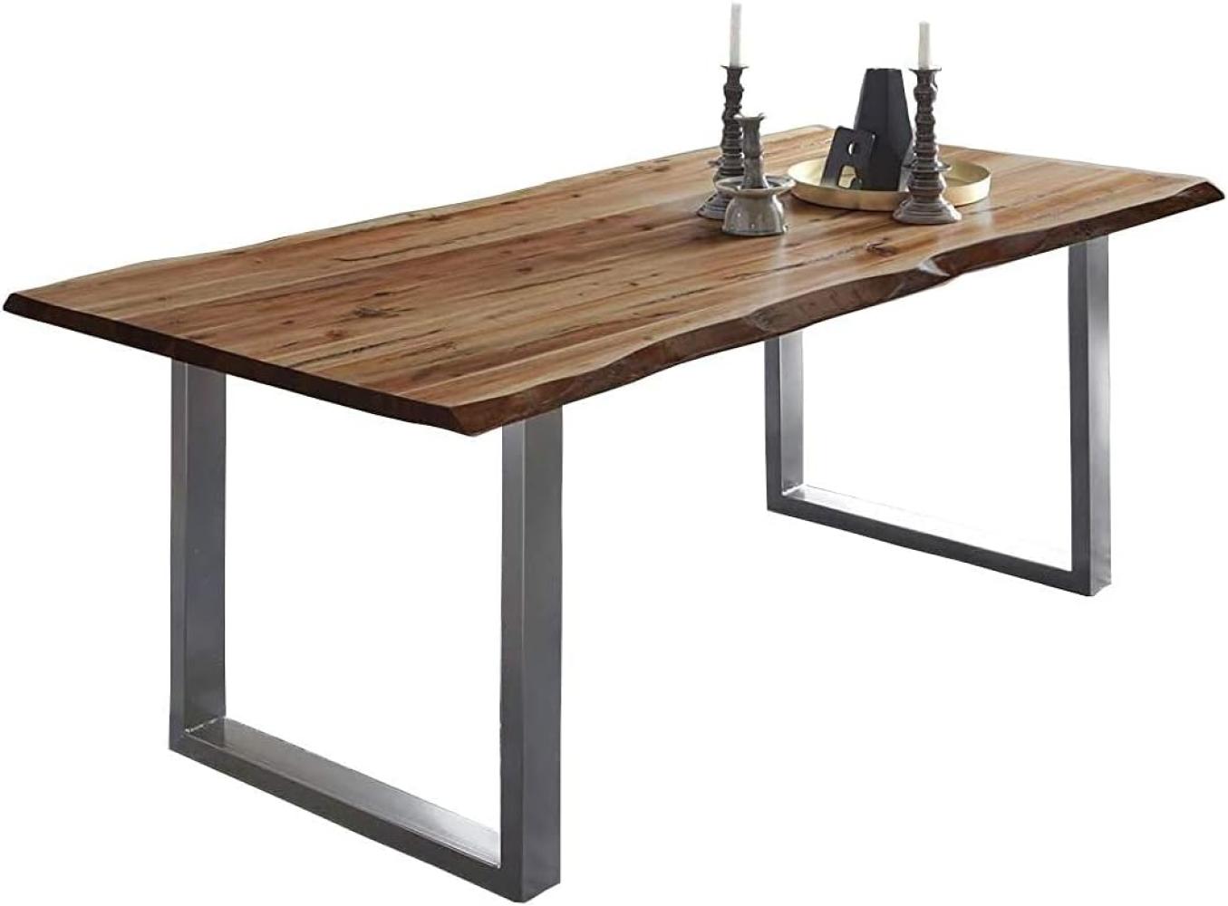 SAM Baumkantentisch 140x80 cm Mephisto, Akazienholz massiv + nussbaumfarben lackiert, Esstisch mit Silber lackiertem U-Gestell, Esszimmertisch/Holztisch im Industrial-Design, Tischplatte 26 mm Bild 1