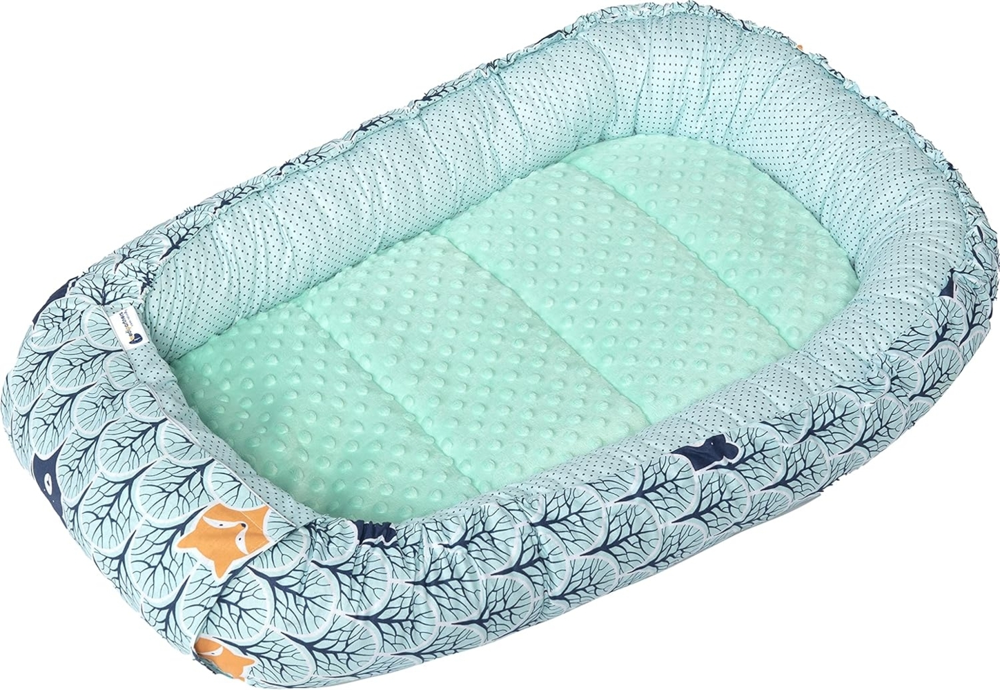 Medi Partners Babynest Kuschelnest Babynestchen 100% Baumwolle Nestchen Reisebett für Babys Säuglinge 100 x 60 x 15 cm herausnehmbarer Einsatz (Wald mit minzer Minky) Bild 1