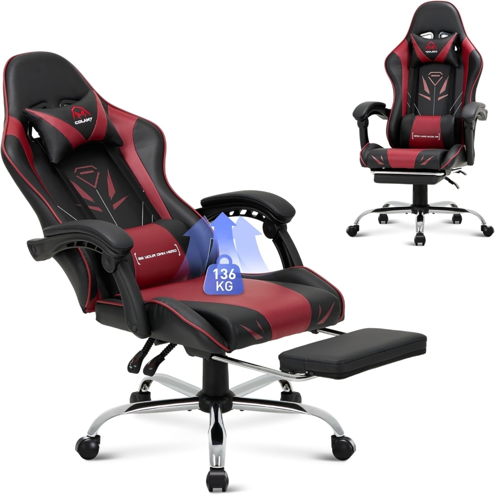 COLAMY Gaming Stuhl, Computer Stuhl mit Fußstütze und Lendenwirbelstütze, höhenverstellbarer Gaming Chair mit 360°-Drehsitz und Kopfstütze, Video Gamer PC Stuhl, Ergonomische hohe Rückenlehne, Rot Bild 1