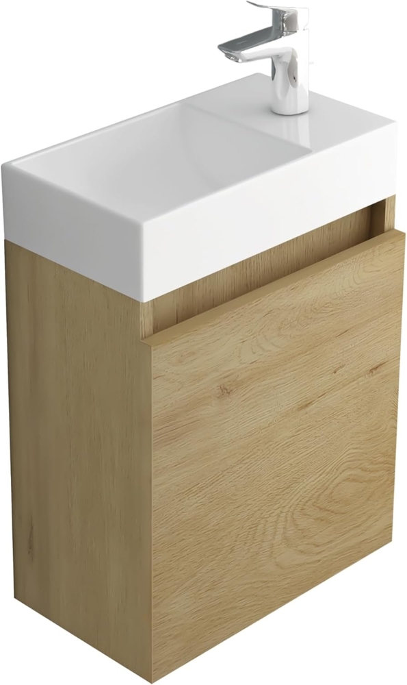 Alpenberger Badmöbel-Set Gäste WC Waschbecken mit Unterschrank - Badschrank Hängend, (2-tlg. Waschtisch Set Eiche Natur, Waschbeckenunterschrank mit Softclose), Waschplätze für Kleine Bäder - Badschrank Hängend und Vormontiert Bild 1