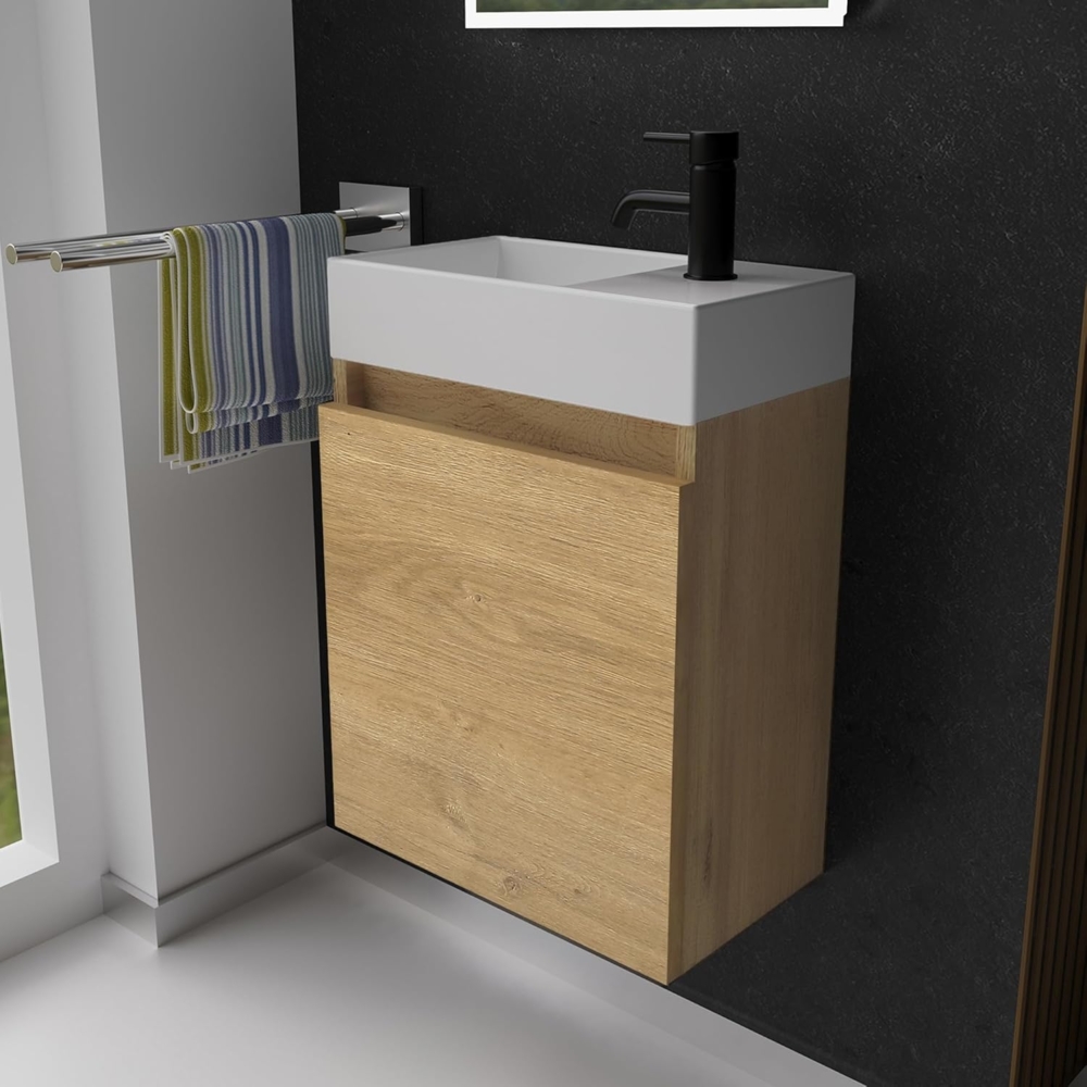 Alpenberger Badmöbel-Set Gäste WC Waschbecken mit Unterschrank - Badschrank Hängend, (2-tlg. Waschtisch Set Eiche Natur, Waschbeckenunterschrank mit Softclose), Waschplätze für Kleine Bäder - Badschrank Hängend und Vormontiert Bild 1