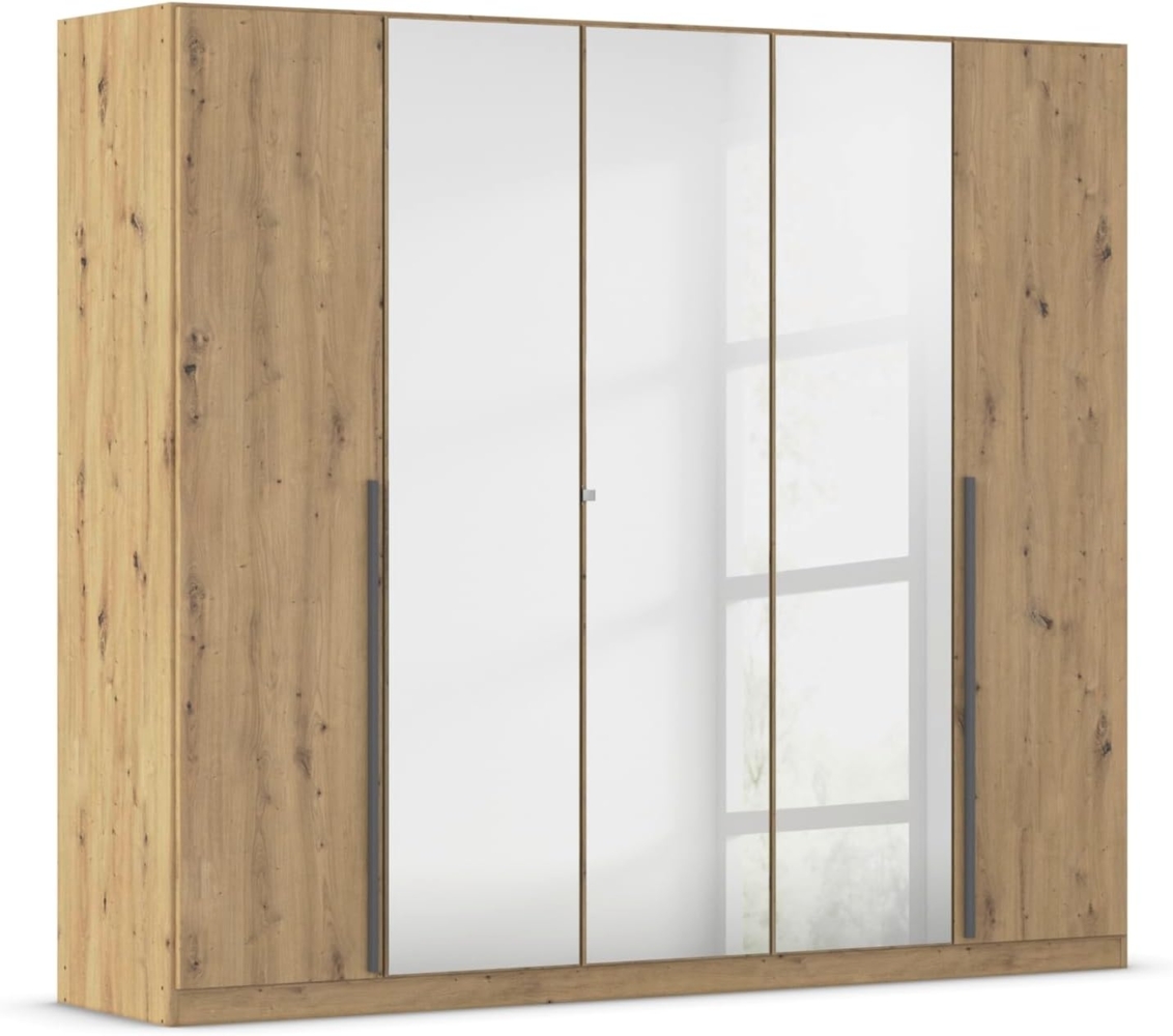 rauch Kleiderschrank Alba, Drehtürenschrank, Garderobenschrank, 5-türig, mit Spiegel, 3 Kleiderstangen und 3 Einlegeböden, Farbe Eiche Artisan, Holz, Griffstange Grau metallic, Schwarz, 226x197x54cm Bild 1