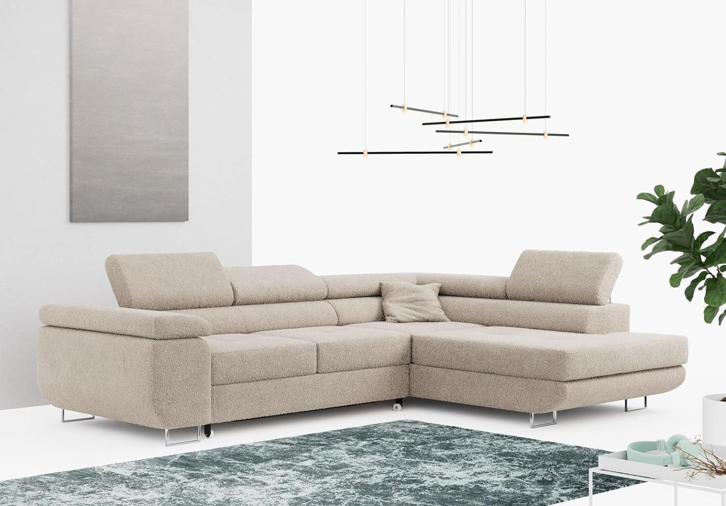 Ecksofa L-Form Couch mit Schlaffunktion und Verstellbare Kopfstützen - GUSTAW - Creme Boucle - Rechts Bild 1