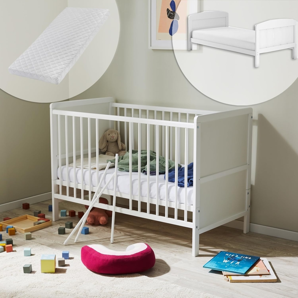 Kids Collective Babybett umbaubar zu Kinderbett 60x120 cm mit Matratze und Lattenrost, Raufallschutz Vollholz 120 x 60, weiss sehr stabil Made in Europe Bild 1