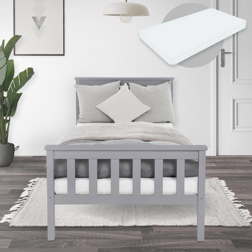 ML-DESIGN Bettgestell Holz Tagesbett, Jugend Einzelbett mit Kopf- & Fußteil, Holzbettgestell, Kinderbett, Bettrahmen Massivholz Bett Jugendbett Kiefer Hellgrau Bild 1