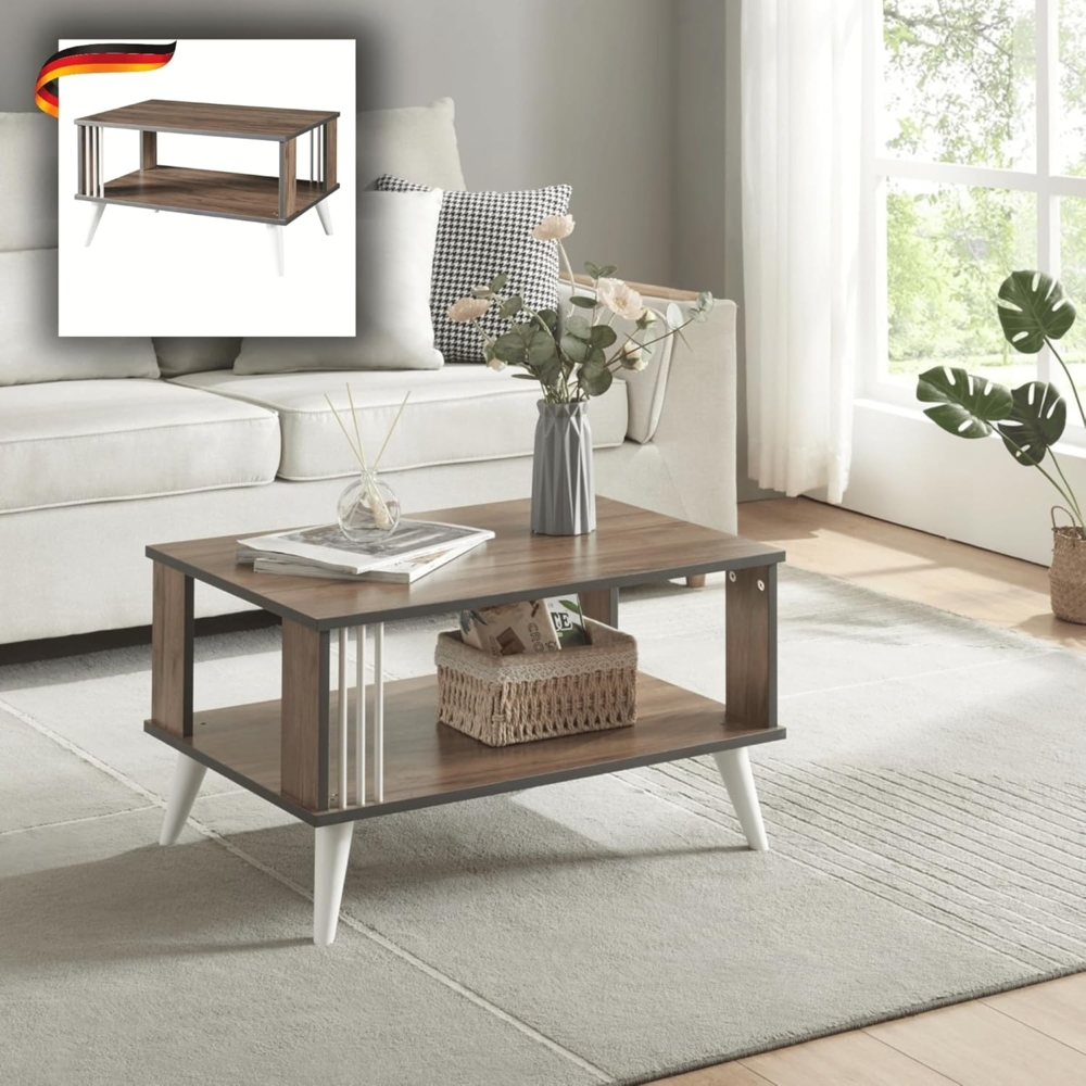 DELUKE® Couchtisch mit Stauraum CRUZ - Eichenoptik Sofatisch eckig Stubentisch Wohnzimmertisch Kaffeetisch Beistelltisch rechteckig Tisch für Couch Bild 1