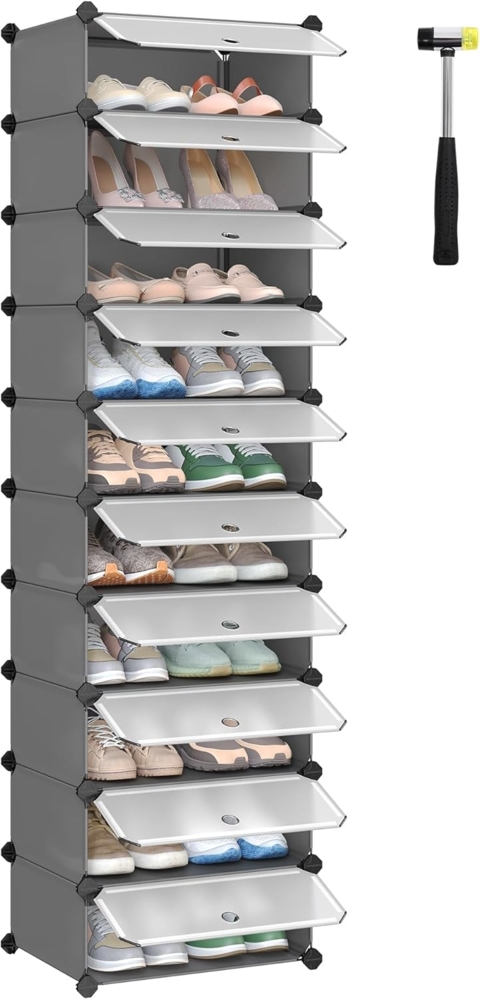 Schuhregal Kunststoff, rechteckiges Regalsystem mit 10 Fächern, DIY Steckregal, Aufbewahrungsregal, Kleiderschrank, Schuh-Organizer, 40 x 30 x 17 cm pro Fach, Metalldraht, grau LPC010G01 Bild 1