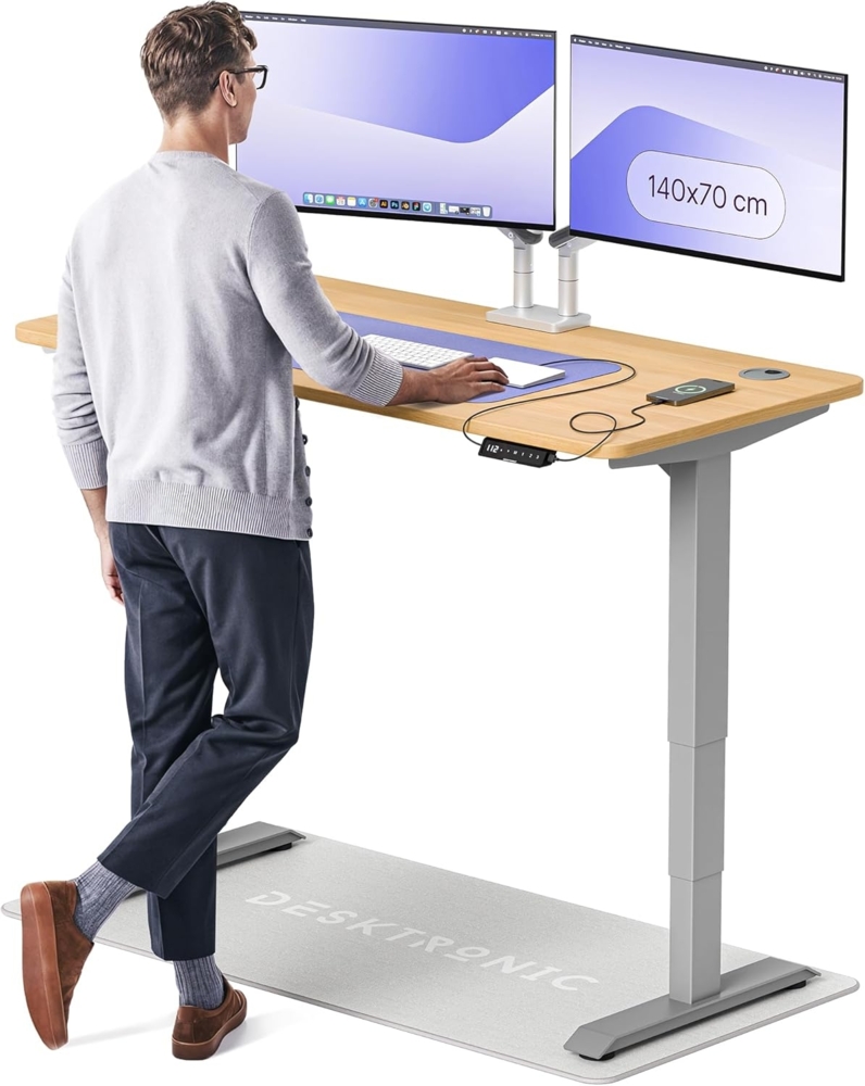 Höhenverstellbarer Schreibtisch - Höhenverstellbar Elektrisch mit Flüsterleisem Dual-Motor & Touchscreen - Hohe Tragfähigkeit - Stehtisch von Desktronic, Grau + Eiche, 140x70 cm Bild 1