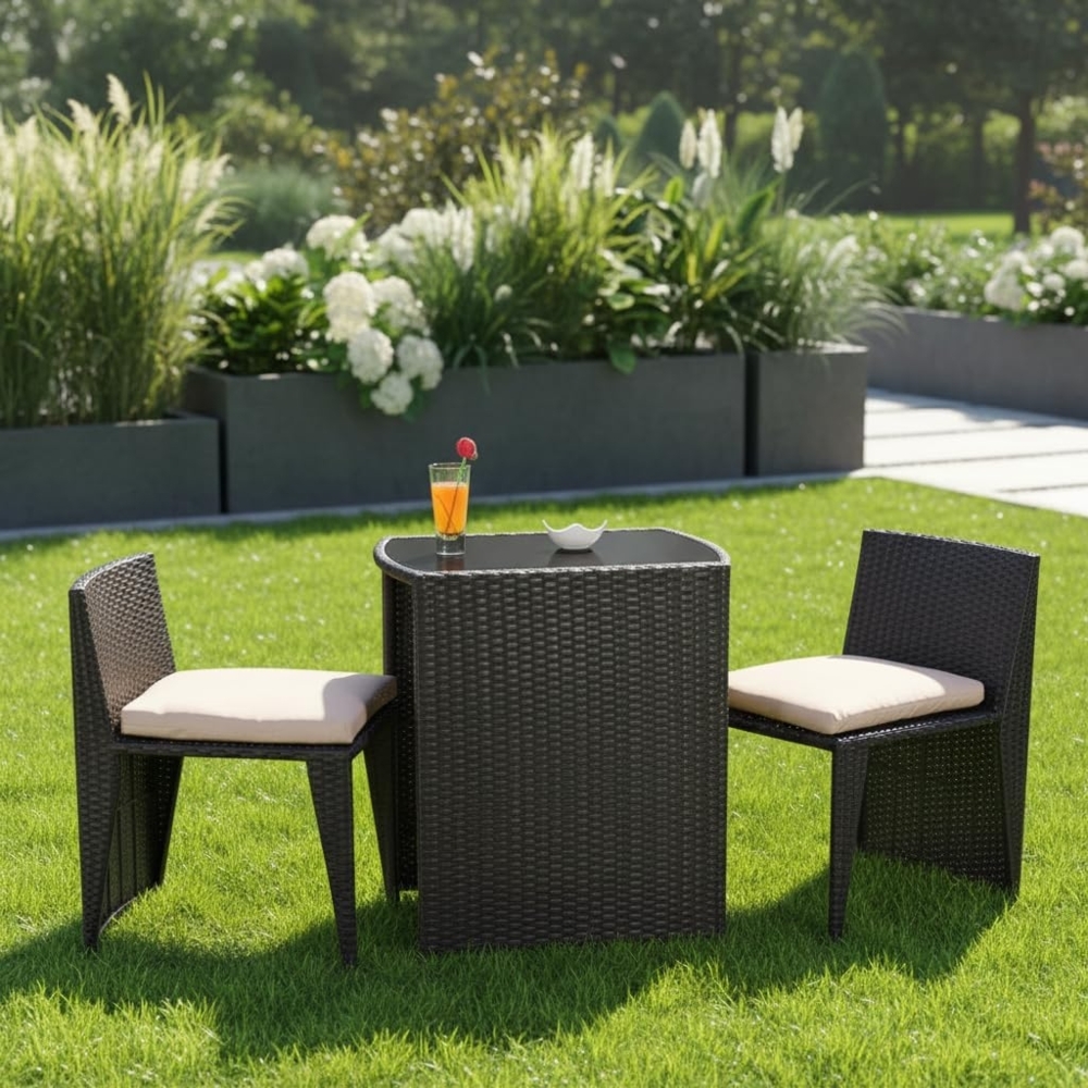 3tlg. Polyrattan Lounge Gartenset Sitzgruppe in Schwarz Tisch mit 2 Stühlen Bild 1