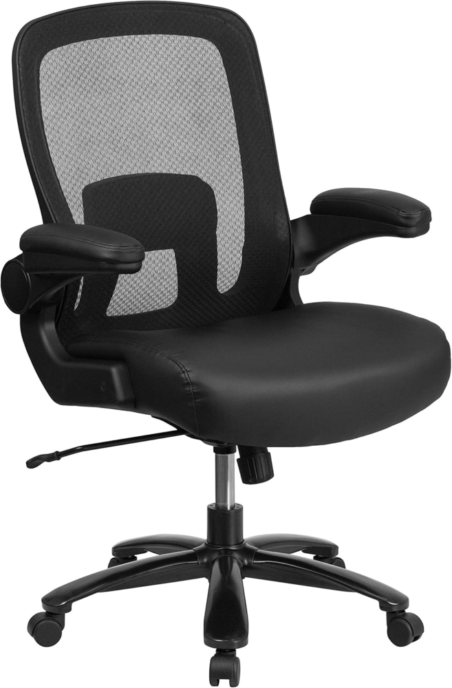 Flash Furniture Big & Tall Büro- und Gaming-Stuhl mit Lederweicher Sitzfläche, Netz-Bürostuhl mit hochklappbaren Armlehnen und Verstellbarer Höhe, Schwarz Bild 1