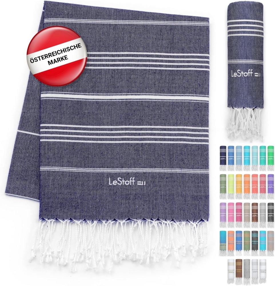 LeStoff Hamamtuch - 100% Bio-Baumwolle, 95 x 180 cm, Vorgewaschen, Saugstark, Schnelltrocknend, Badetuch, Badehandtuch groß, Saunatuch Herren, Saunahandtuch Damen, Sauna, Wellness, Spa (Dunkelblau) Bild 1