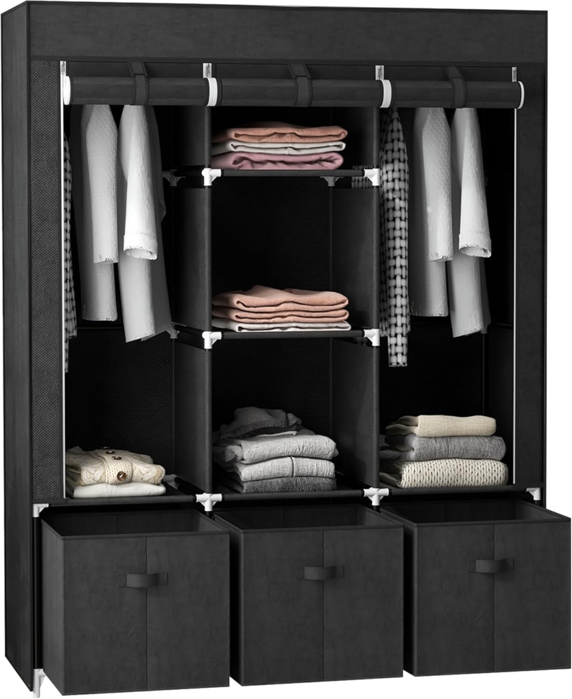 HOMCOM Stoffschrank Kleiderschrank mit Kleiderstangen und Schubladen (Faltbare Garderobe, 1-St, Faltschrank) Schwarz, 125 x 43 x 162,5 cm Bild 1